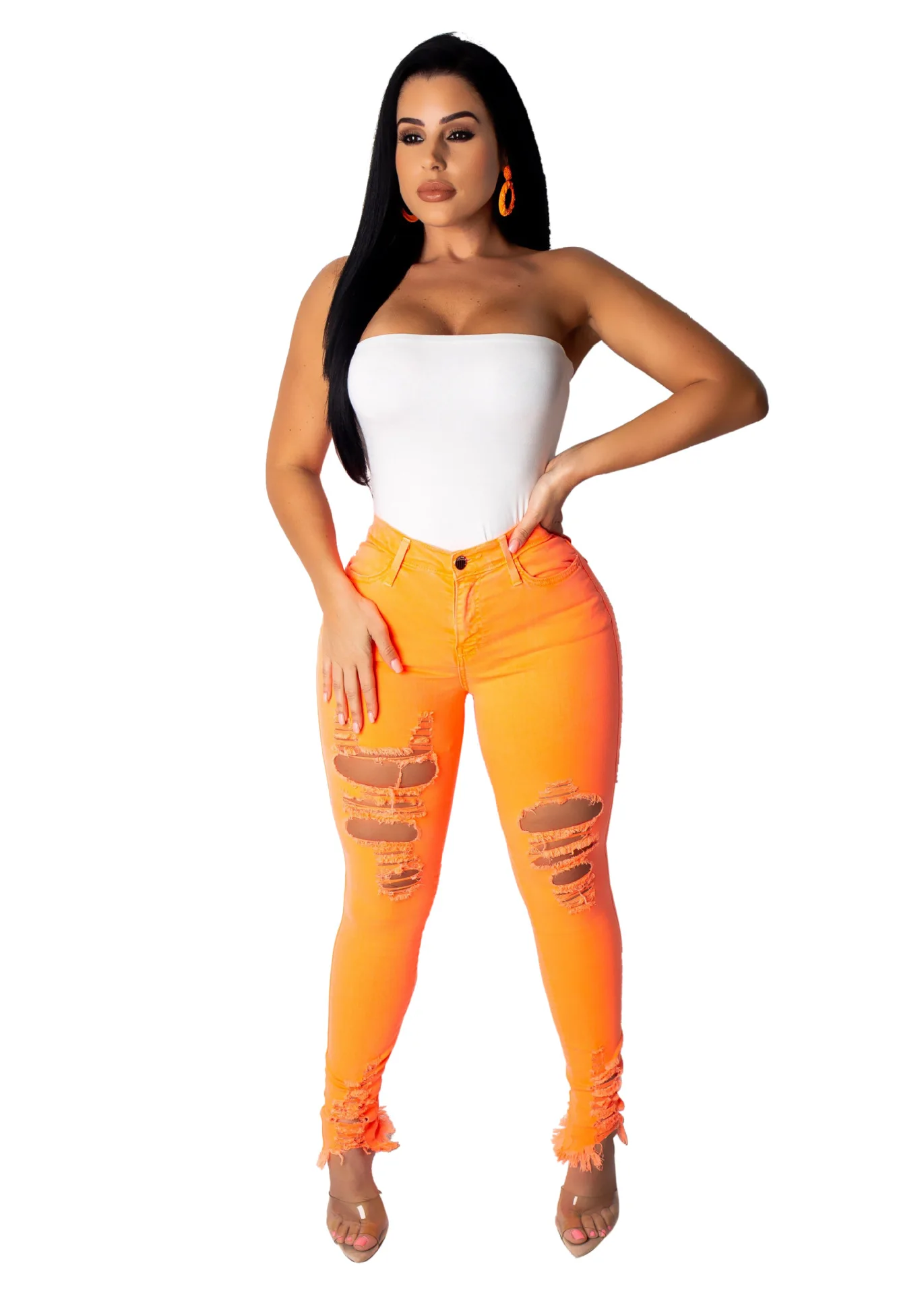 XXL неоновые зеленые оранжевые сексуальные джинсы с высокой талией женские эластичные повседневные джинсовые брюки с дырками уличная одежда размера плюс брюки-карандаш