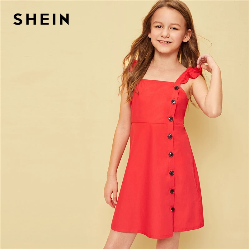 

SHEIN Kiddie Red Solid Buttoned Front Ruffle Strap Cute Dress Children 2019 Summer Sleeveless Flared Dresses For Teenager Girls