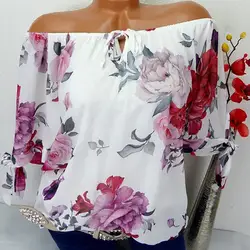 Осень 5xl плюс размер блузки женские летние с коротким рукавом с открытыми плечами цветочный принт свободные блузки повседневные кружевные