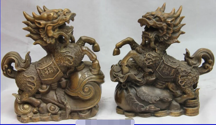 

Chinese Folk Old Copper Bronze Feng Shui Evil Foo Fu Dog Lion Pair