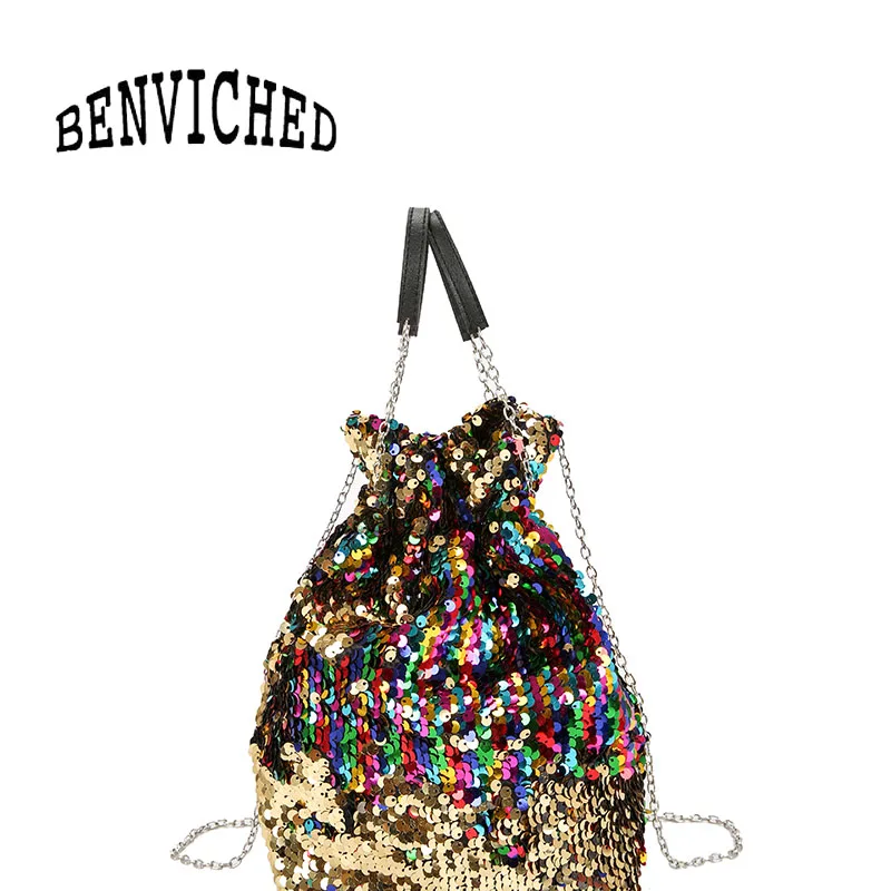 

BENVICHED Ladies' pu Bucket bag 2019 new spring fashion Drawstring blue Sequins chain handbag Inclined single shoulder bag c428