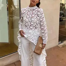 2019 Autumn Women Fashion Elegant Casual Patchwork flounced Dip Hem Top Crochet Irregular Hollow Out See Through Blouse 2019 Autumn Women Fashion Elegant Casual Patchwork flounced Dip Hem Top Crochet Irregular Hollow Out See Through Blouse