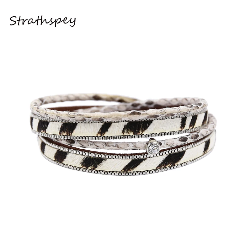 

STRATHSPEY Multilayer Leather Bracelets For Women Animal Printed Vintage Bracelet Vintage Rhinestone Wristband 2019 Jewelry