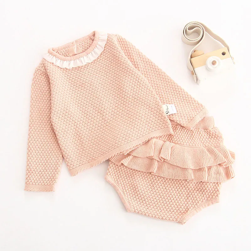 Одежда для маленьких девочек; коллекция года; сезон весна-осень; Модный вязаный свитер с длинными рукавами+ шорты; комплект из 2 предметов; Детский свитер для малышей - Цвет: Розовый