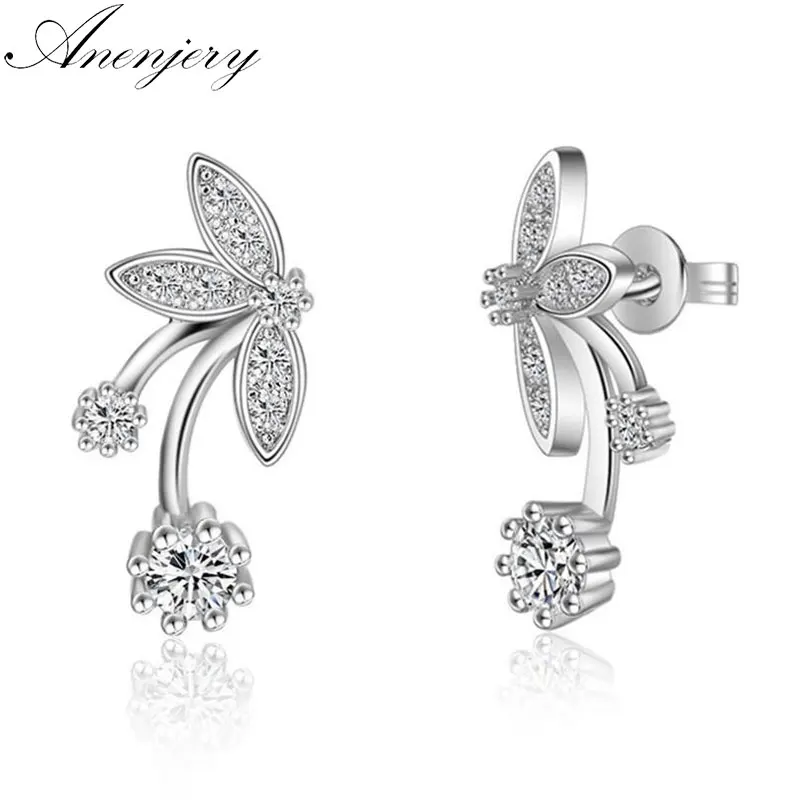 

Anenjery 925 Sterling Silver Zircon Butterfly Flower Leaves Stud Earrings pendientes oorbellen boucle d'oreille Gift S-E346