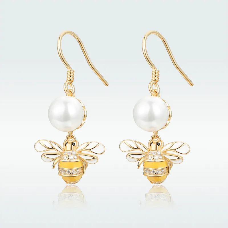 

HOT SALE Earrings for Women 925 Sterling Silver Gold Color Bee with Pearl Drop Dangle Earring Brincos Argent Femme Bijoux HVE018