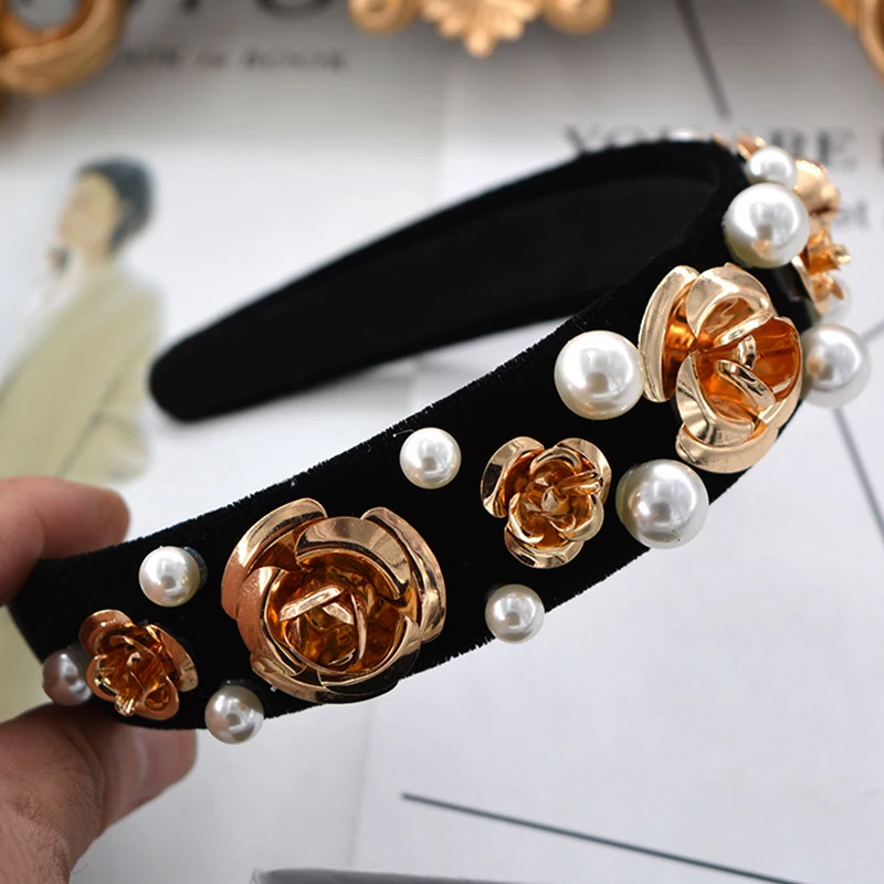 

Baroque Headband Rose Flower Hairband Pearl Beads Bridal Headpiece Head Accessories Women Crown Hair Jewelry Hair Ornaments Gift