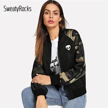 SweatyRocks на молнии с камуфляжным рукавом курточка бомбер Active Wear для женщин Стенд воротник Patched Топы корректирующие демисезонный повседневное пальт