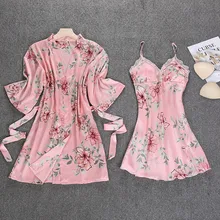 Женские пикантные атласные модный принт пижамы с длинным рукавом Халат Nuisette Femme De Nuit удобные спагетти бретели для нижнего белья Ночная рубашк