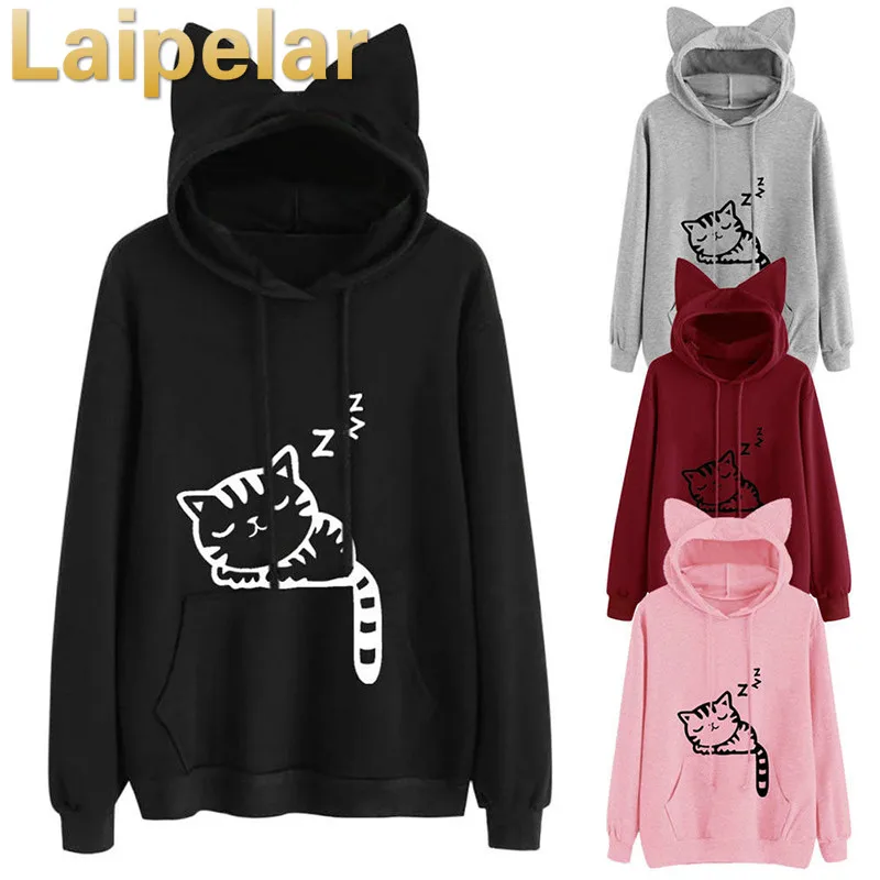 

Laipelar Cartoon Cat Print Sweatshirt Long Sleeve Casual Women Pullovers Black Round Neck Cute Sweatshirt for Women Hoodies Top