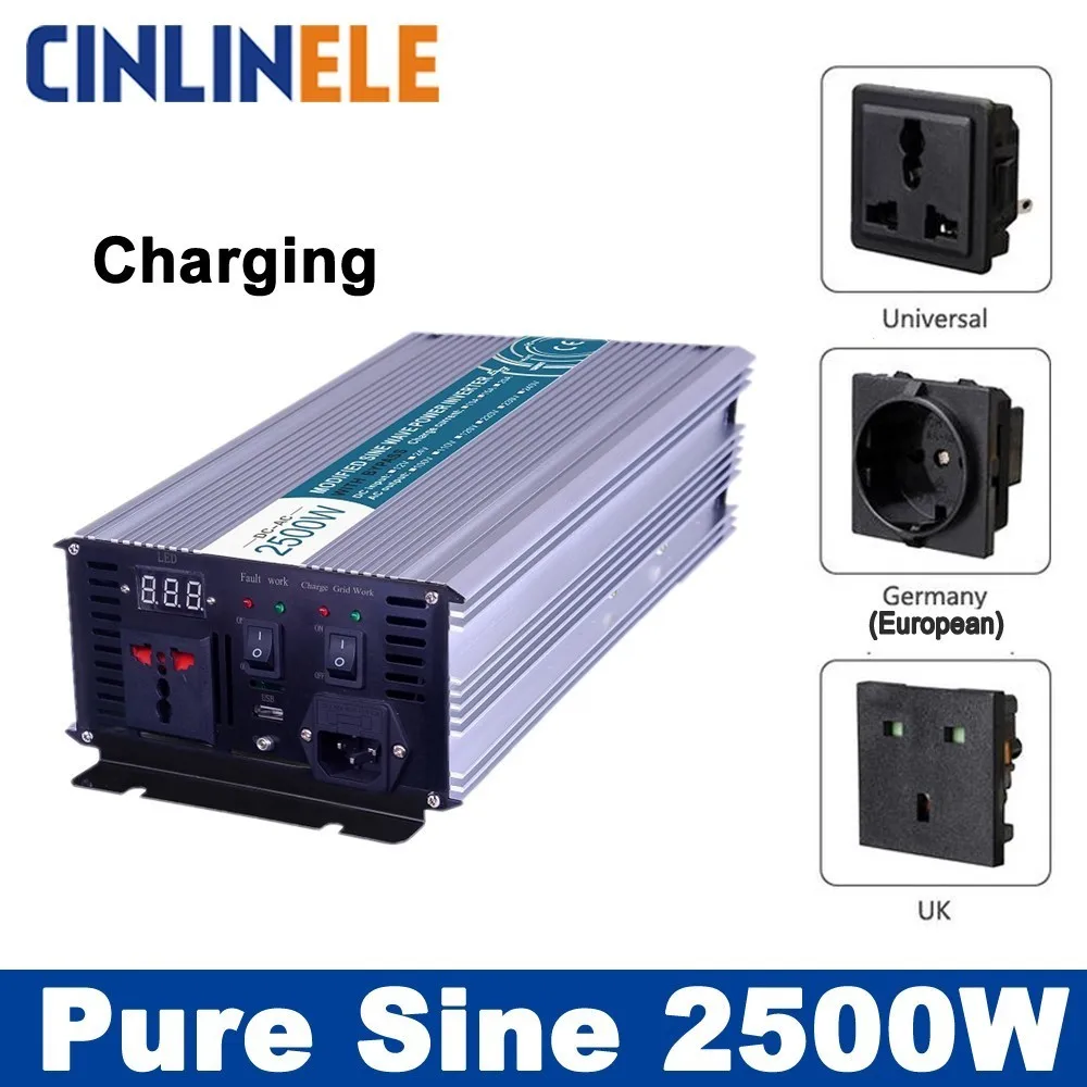 

Smart Inverters Charging 2500W Pure Sine Wave Inverters CLP2500A DC 12V 24V 48V to AC 110V 220V 2500W Surge Power 5000W