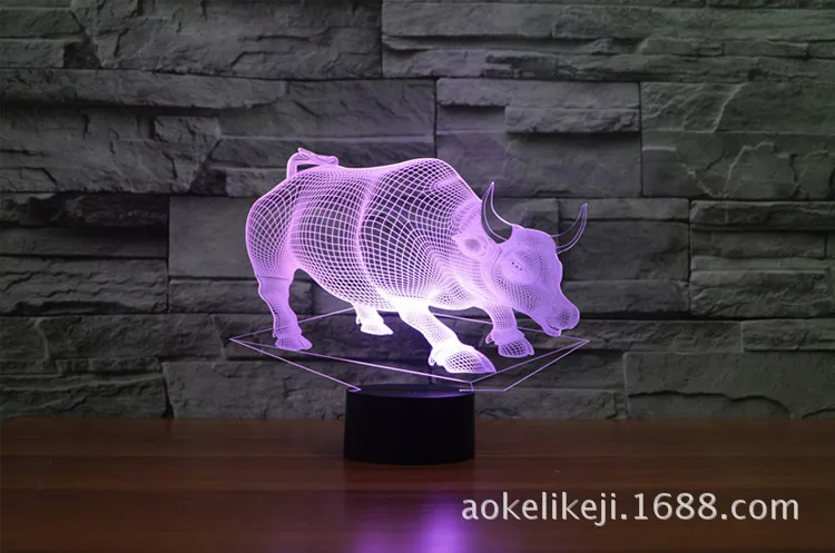 Bull Shaped Usb 3D светодиодный красочный акриловый стереовидение лампа