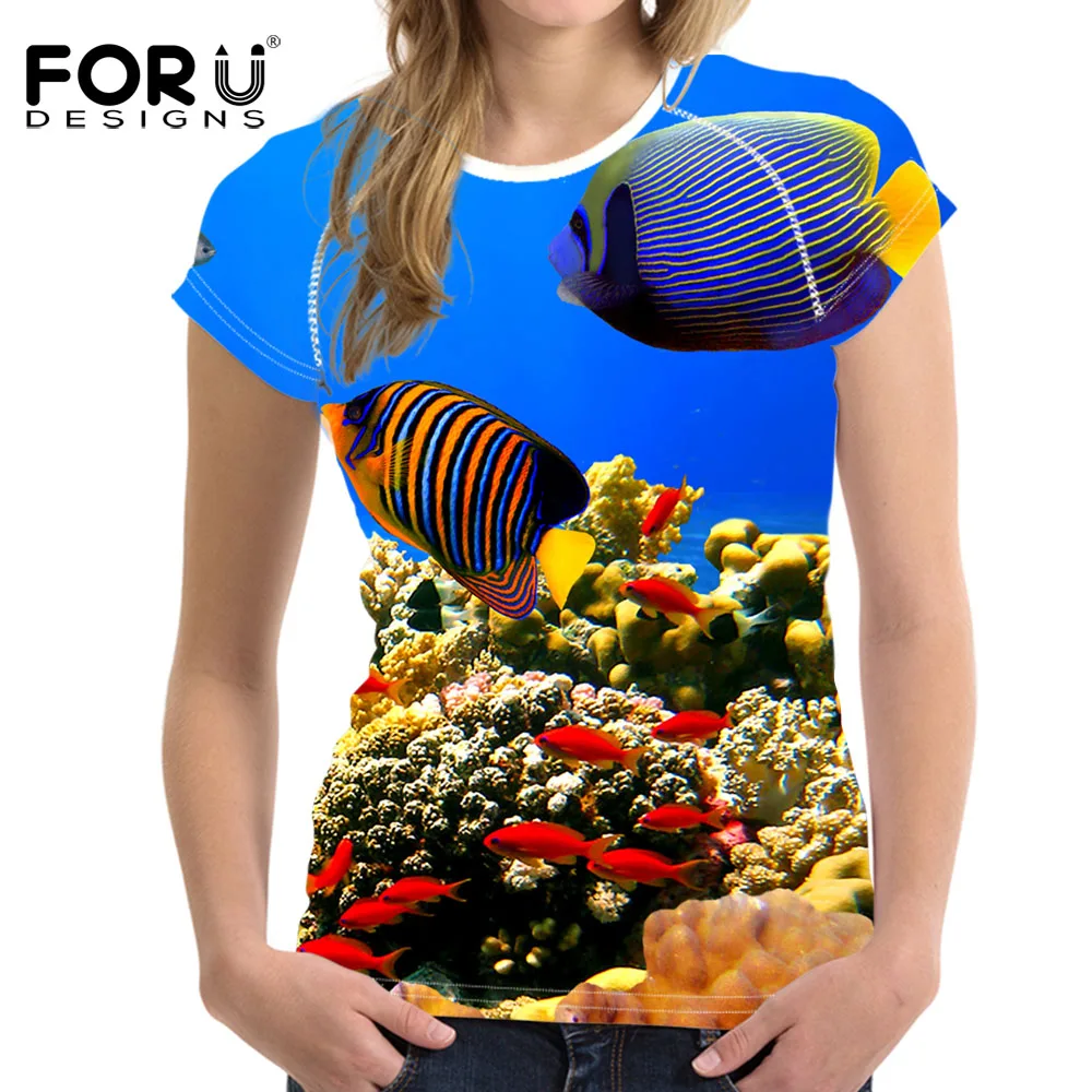 FORUDESIGNS Спортивная футболка для женщин подводная Рыба Печать короткий рукав спортивная одежда для бега фитнес футболка для женщин топы