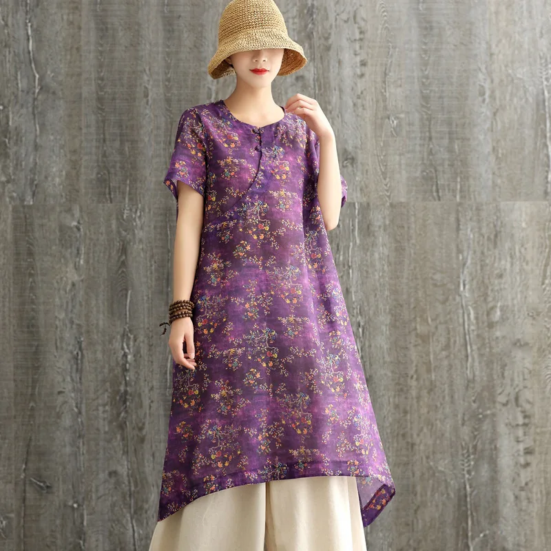 

Summer Elegant Frog Button Short Sleeve Floral Print Rayon Linen Robe Irregular Front Short Back Long Purple Blue Yellow Dresses