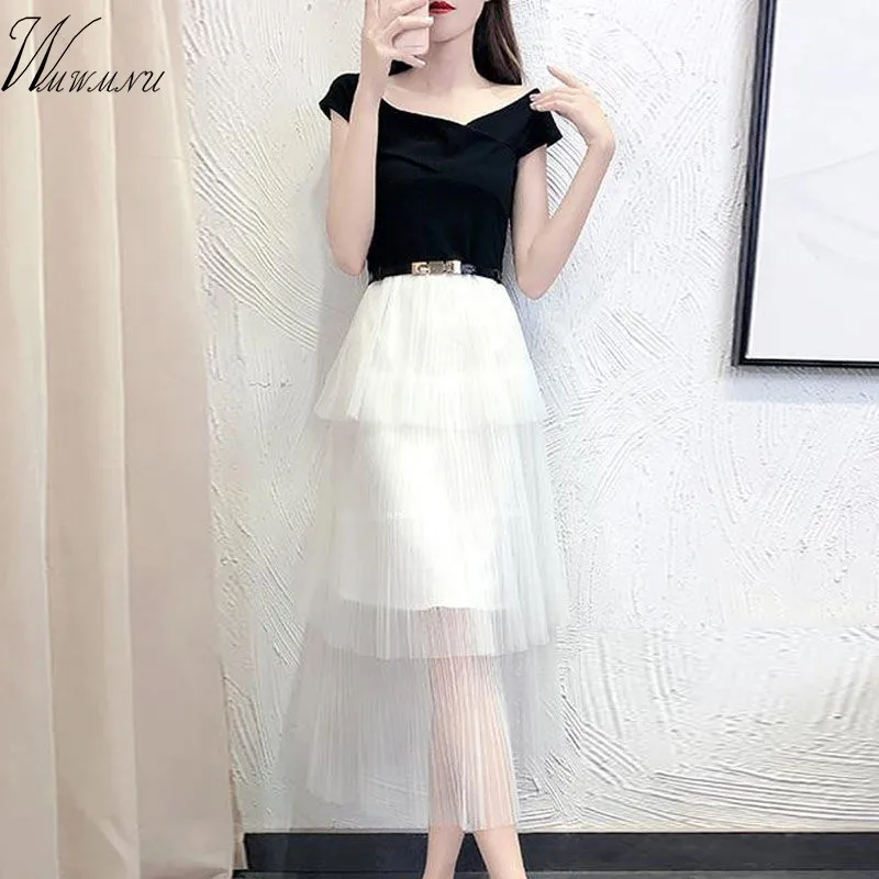 

Sexy Solid Color Women Dress free Belt Sheer Mesh Summer Boho A-line Dress See-through Black Dress Elegant Vestidos De Festa