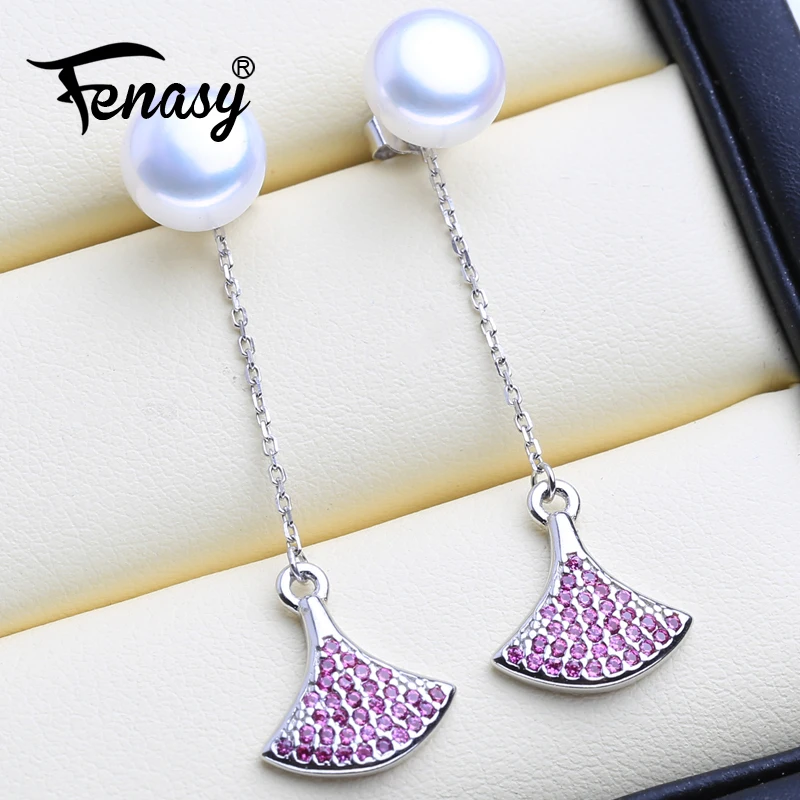 

FENASY Natural Freshwater Pearl Earrings For Women 925 Sterling Silver Pink Zicron Long Earrings Bohemian Red Stones With Pearl