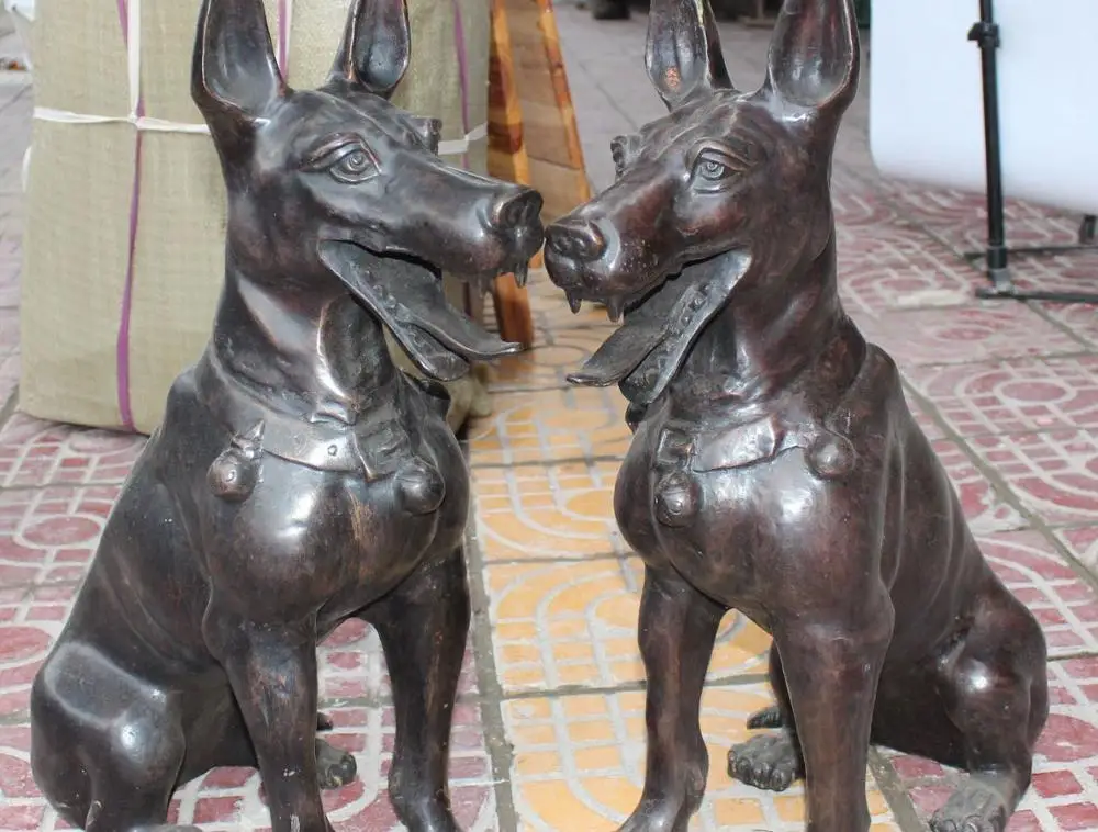 

23" Chinese Folk Bronze Zodiac Year Foo Fu Dog Wolfhound doggy Pair Sculpture