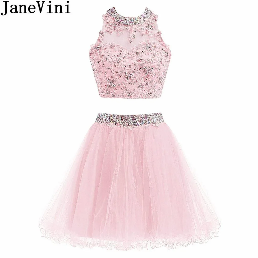 

JaneVini Elegant 2 Pieces Beaded Prom Dresses Short Sexy Open Back Tulle Crystal Lace Bridesmaid Dresses For A Wedding Party