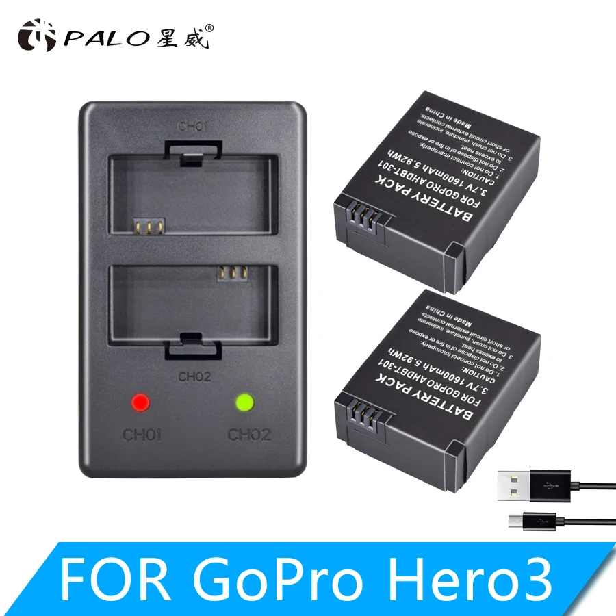 2 pcs gopro hero 3 battery 3 7V AHDBT 301 Hero3 battery USB dual charger for