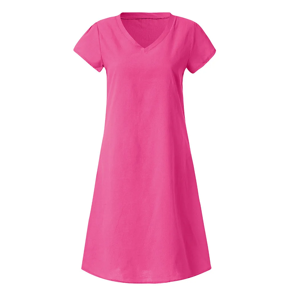 JAYCOSIN Spring New Casual V-Neck Cotton and Linen Dress Women Summer Style Cotton Casual Plus Size Ladies Dress 2020