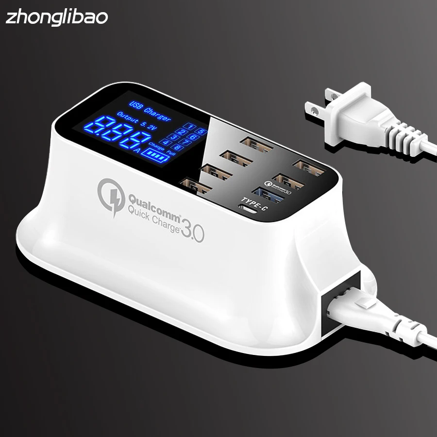 

Quick Charge 3.0 Smart USB Type C Charger Station Led Display 40W Fast Charging Phone Tablet 8 Port USB Adapter for Iphone Xs X