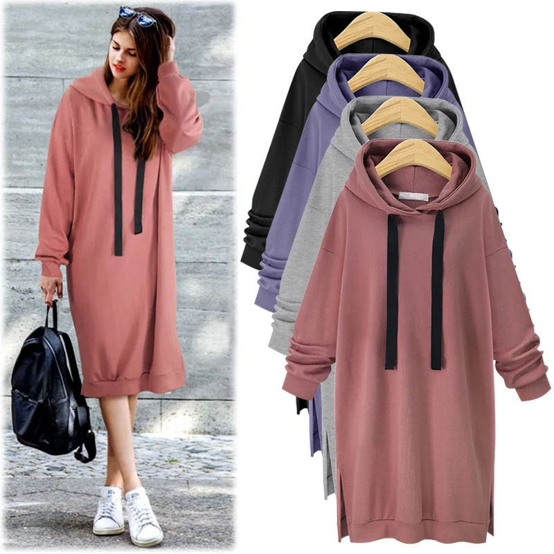 Korean Style Women Loose Dress With Hat Winter Female Hooded Dresses Vestido Clothing Robes