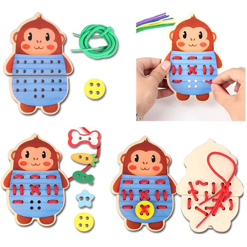 Montessori Toys Kids Early Educational Learning Puzzle Wooden Toys  for Children Lacing Tie Shoelaces Board Teaching Aids
