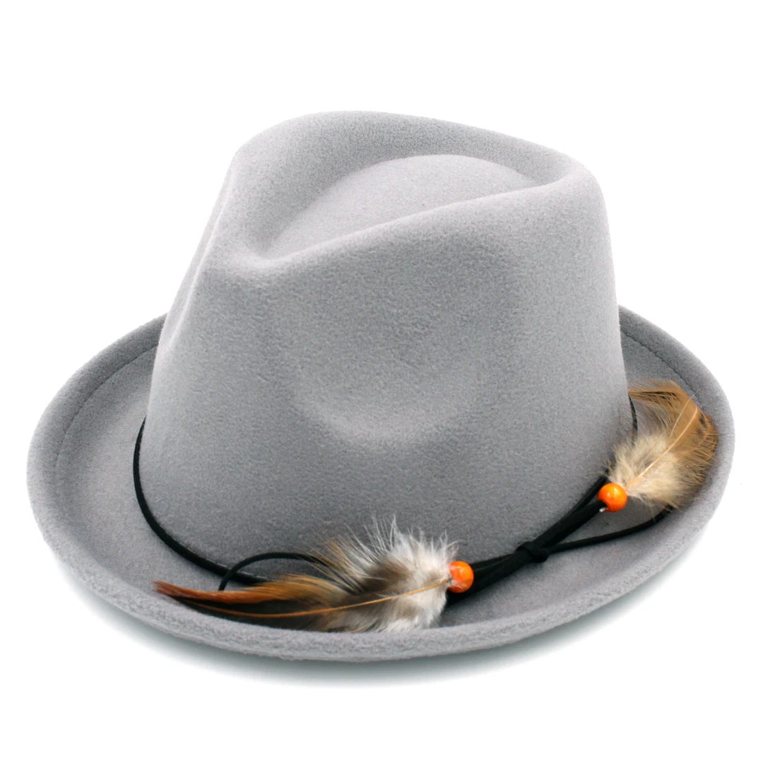 Gray Mistdawn Для женщин леди полушерстяные Fedora Кепки шляпа, шляпа фетровая вечерние свадебные Кепки s перевернуть Брим перо группа Размеры 7 1/4 - Цвет: Gray