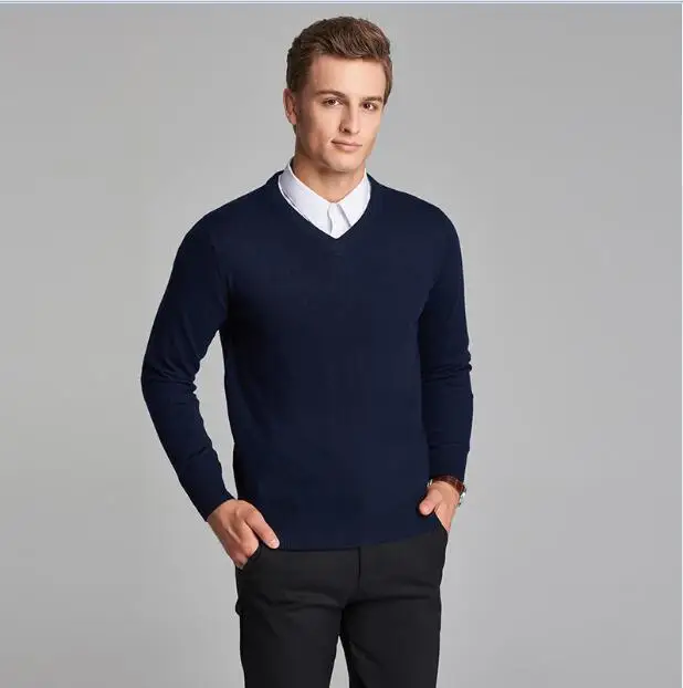 Стиль мужские осенние Формальные Простые цвета v-образный вырез с длинным рукавом шерстяной пуловер Свитера - Цвет: Синий