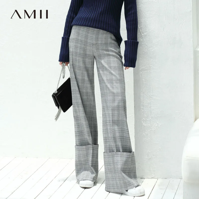 

Amii Minimalist Plaid Wide Leg Pants Women Autumn Winter 2019 Causal Loose High Waist Harem Pants Female Long Plaid Trousers