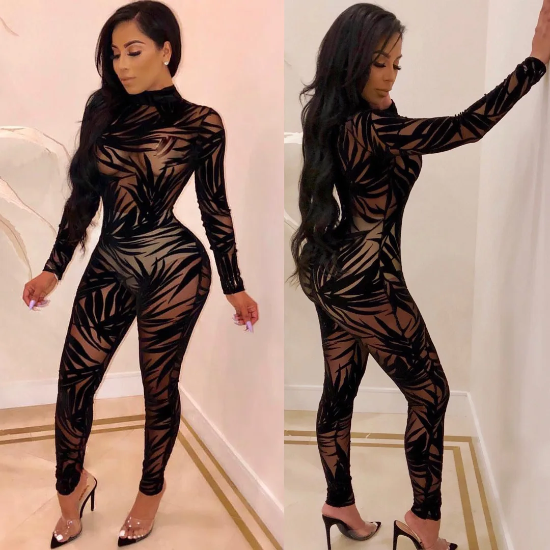 

Bandage long-sleeved conjoined bamboo leaf pattern mesh full-length pant tight-fitting solid color nightclub sexy lace jumpsuit