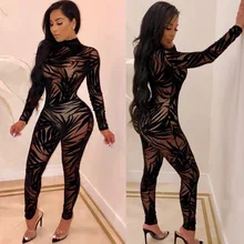 Bandage long-sleeved conjoined bamboo leaf pattern mesh full-length pant tight-fitting solid color nightclub sexy lace jumpsuit