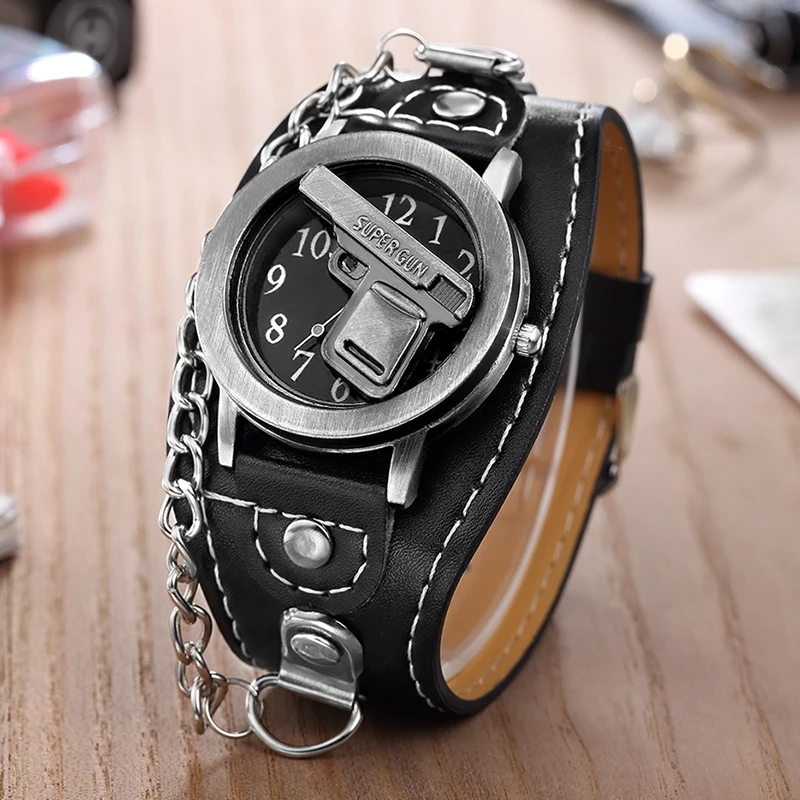 

Hot Sales O.T.SEA Brand Gun Skull Leather Watches Luxury Men Women Punk Sports Quartz Wrist Watch Orologio Uomo 1831-7