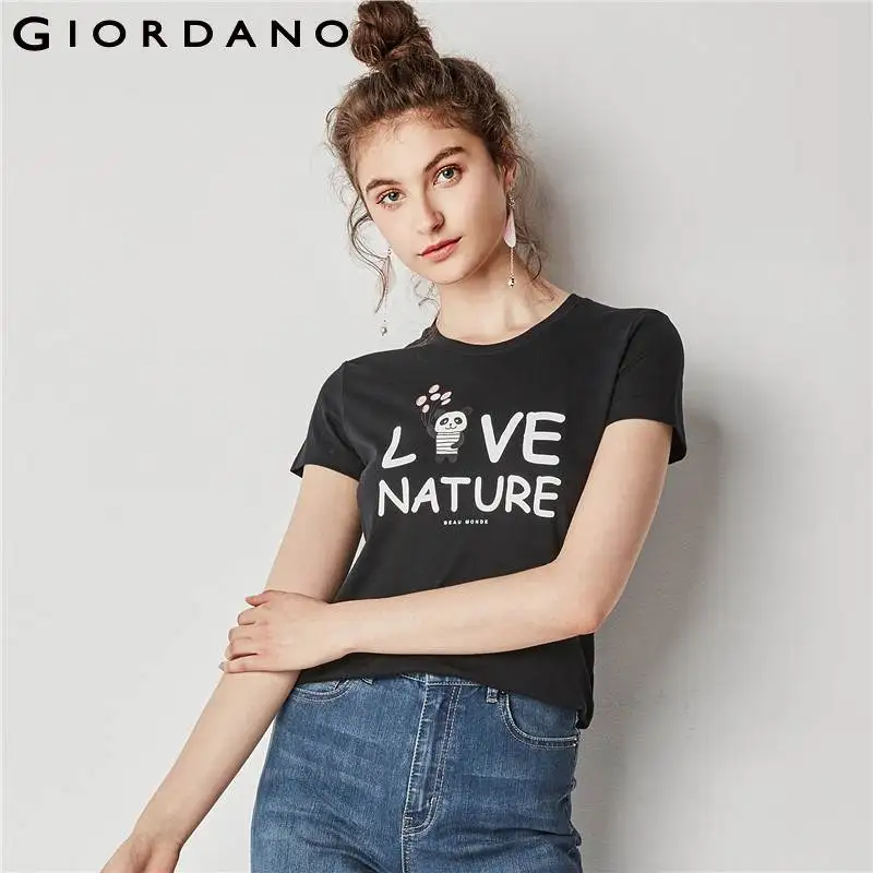 Giordano mujeres gráfico impreso Kawaii verano Tops mujer 100% algodón Camiseta Feminina patrón divertido Magliette Donna