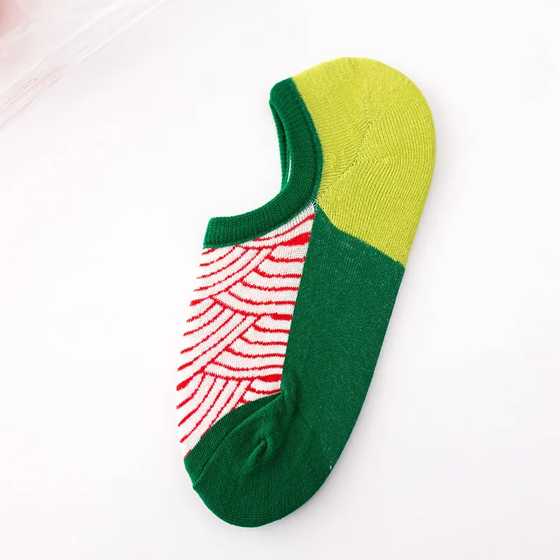Счастливые носки повседневные хлопковые весенне-летние забавные спортивные короткие носки геометрические женские невидимые лодочки силиконовые носки тапочки - Цвет: Green  01