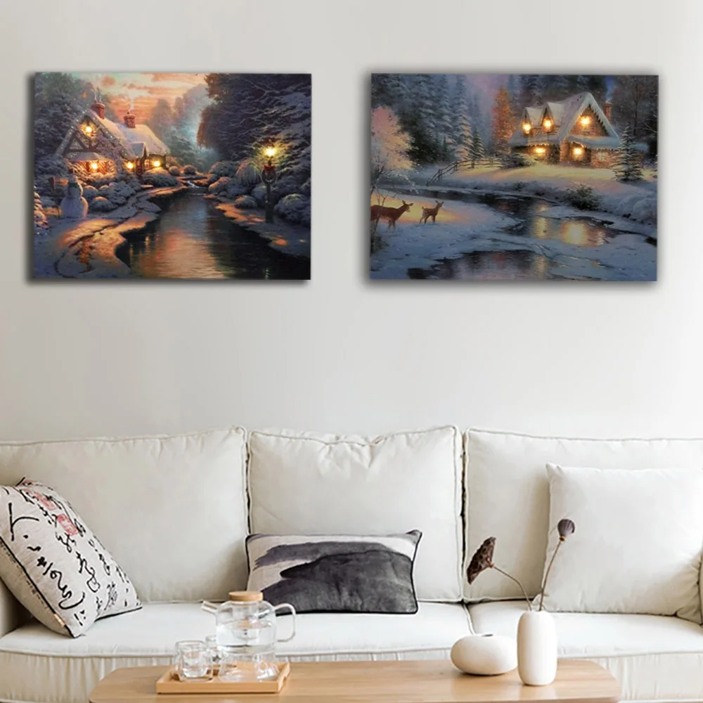 Preise Weihnachten winter schnee nacht cottage mit fluss wand grafik bild führte leinwand leuchten ölgemälde HD gedruckt hause decor