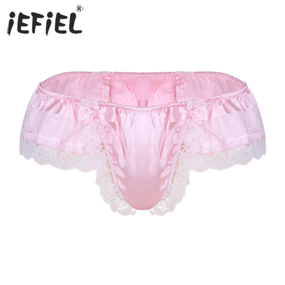 

Mens Sissy Jockstraps Panties Shiny Satin Lingerie Layers Floral Lace Back with Big Bowknot Bikini Thongs String Homme Underwear