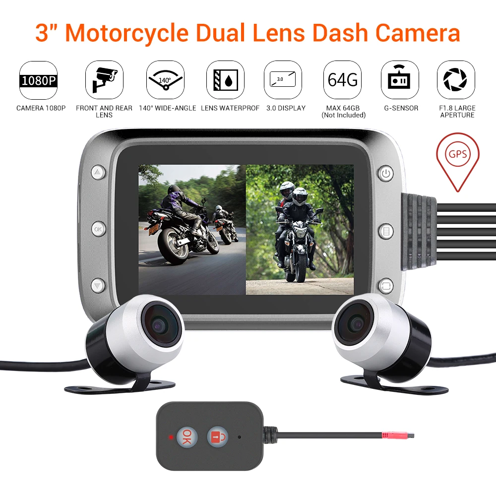

WONVON MT20 Dual DVR Motorcycle Camera 3"IPS 1080P Moto GPS Dash Camera HD View Waterproof Moto Dash Cam Black Night Vision Box