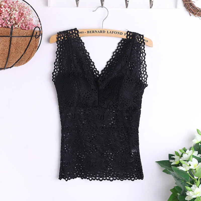 Women Floral Cami Padded Bra Tank Top Sexy Lace Cami Bralette Crochet Flower Bra Vest Women's Bra Crop Top - Цвет: Черный