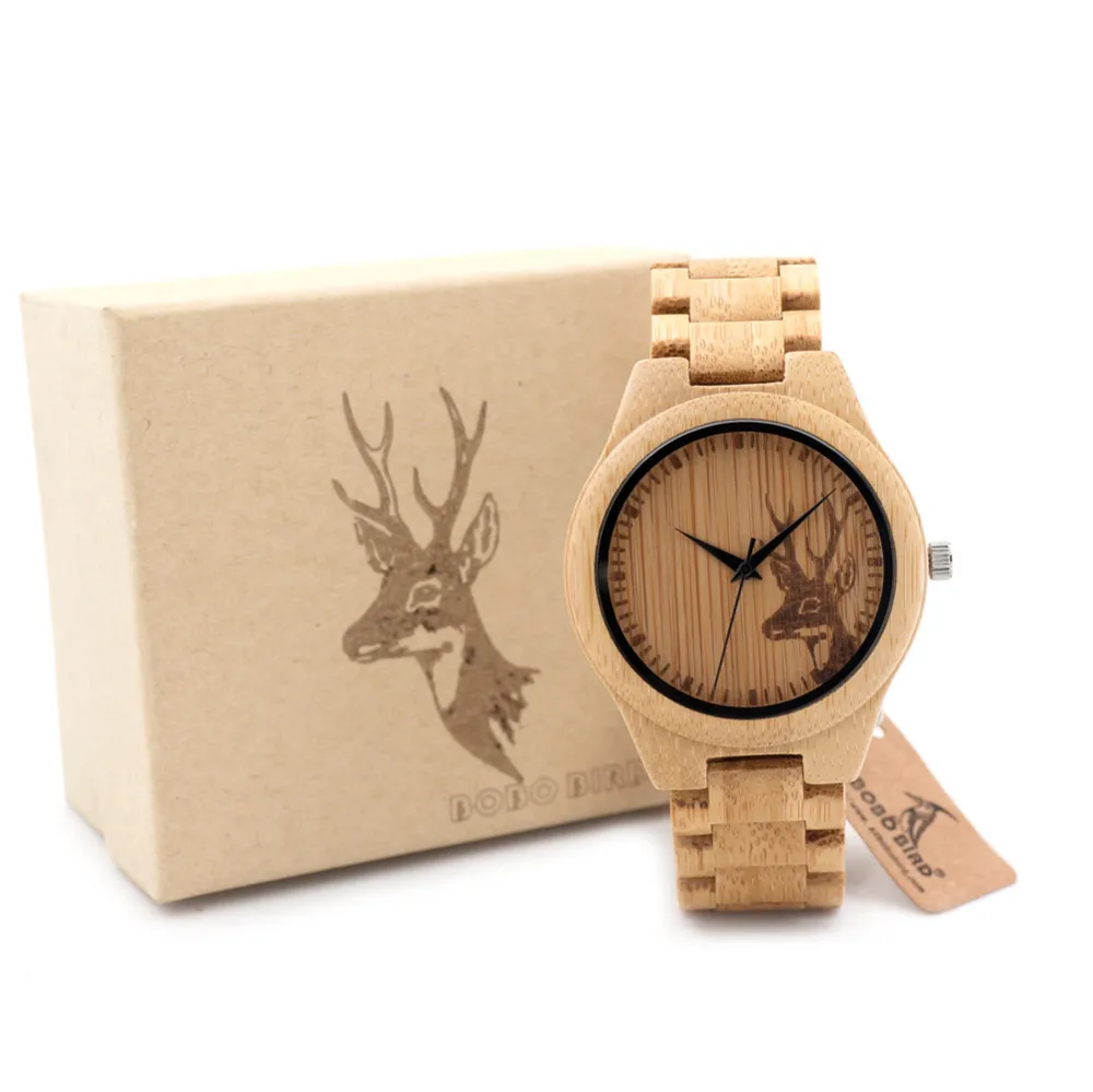 BOBO BIRD Bamboo Watches for Men with Sepical Design Elk Head Engraved Wristwatches Wood Gifts relogio masculino C-D28
