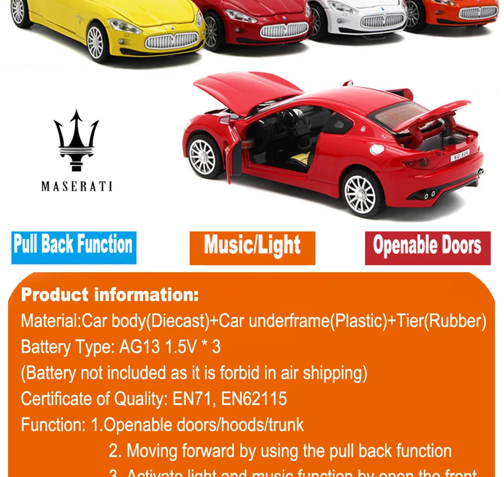Литье под давлением Maserati масштабная модель металлические машинки игрушки желаю четыре различных функции для детей как Presnt