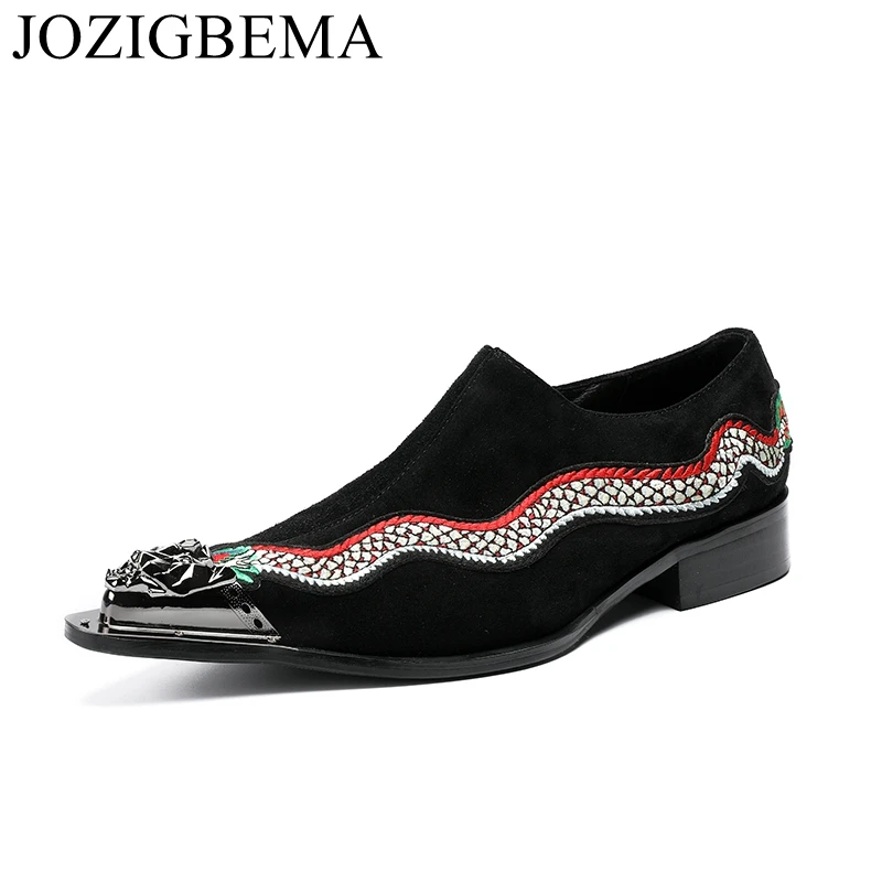 

JOZIGBEMA New Style Handmade Men Velvet Dress Shoes With luxurious Dragon Embroidery Leather and Satin insole Party Shoes