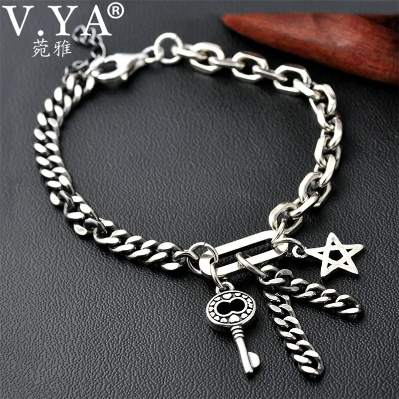 

V.YA 925 Sterling Silver Key & Star Bracelet for Women Men Couple Handmade Thai Silver Link Chain Bracelets Male Fine Jewelry