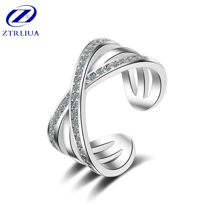 

High-quality Fashion Flash 925 Sterling Silver Jewelry Simple Cross Personality Double Crystal Exaggerated Opening Rings SR336