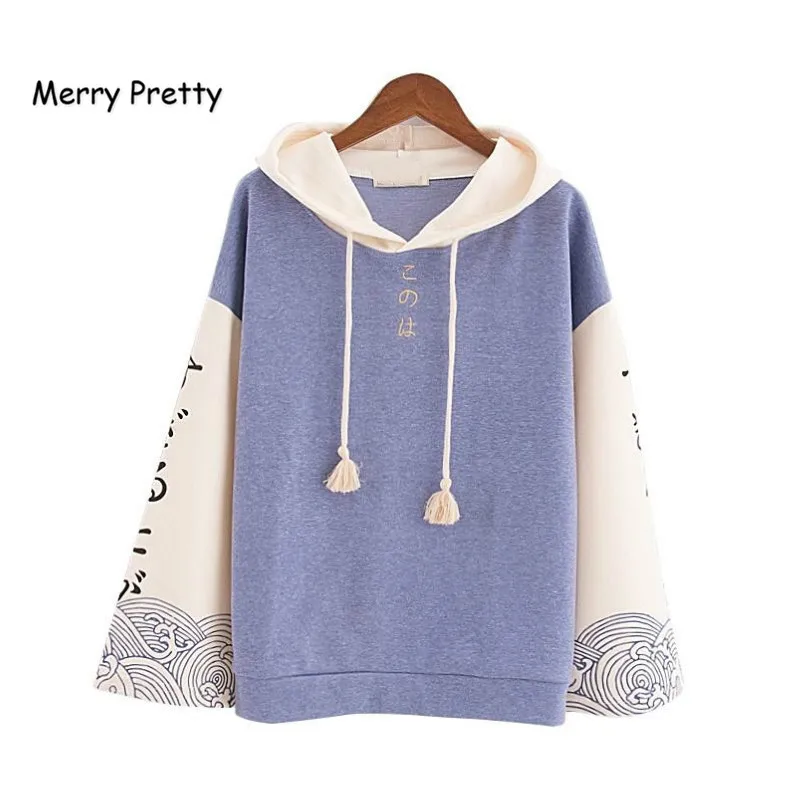 Tanie MERRY PRETTY Harajuku kobiety bluzy z kapturem jesień z długim rękawem swetry dresy dla Femme Japan Style bluzy z kapturem z nadrukami dziewczyny