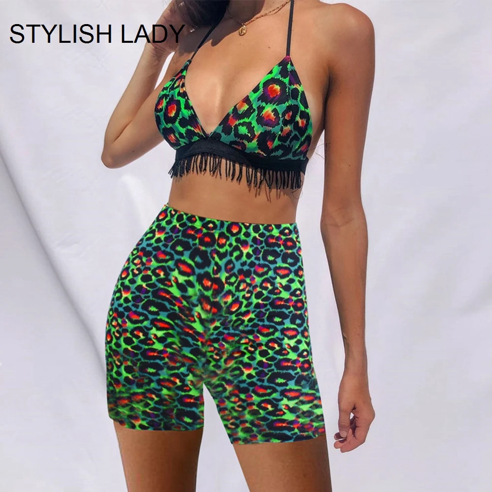 

STYLISH LADY Green Leopard Printed 2 Piece Set Women 2019 Summer Halter Tassel Crop Tops and High Waist Shorts Beach Outfits