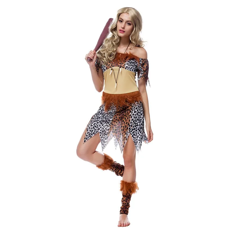 Leopard Print Women Sexy Costume Caveman Cosplay Dress Primitive Clothes Halloween Carnival