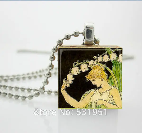 

Womens necklace fashion 2014,Scrabble Art Pendant - Lady Lily Of The Valley - Scrabble tiles for jewelry,womens wooden necklaces