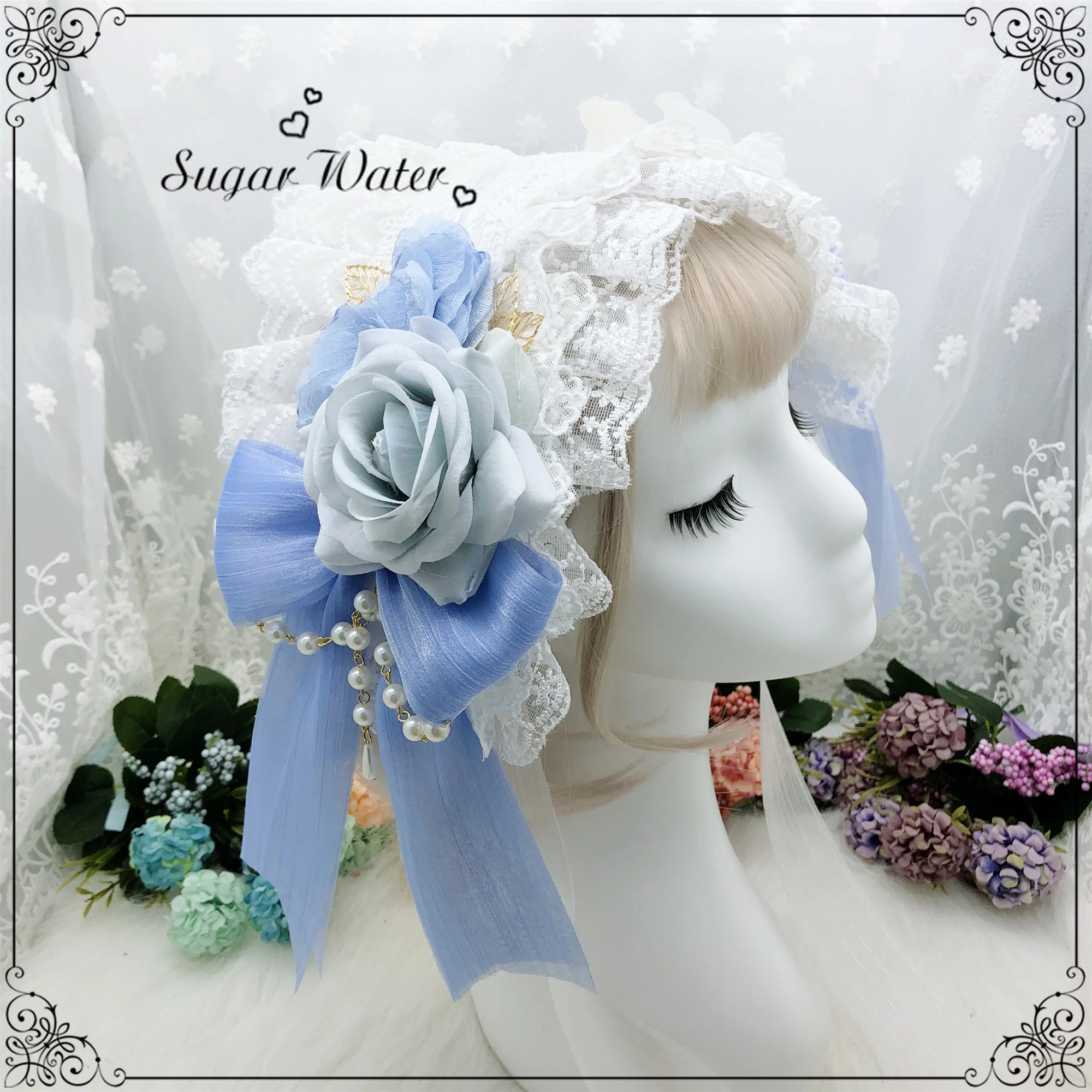 

Gorgeous Japanese Style Sweet Lolita Rosebud Layers Lace Hair band Female Cosplay Pearl Chain Fairy Headwear Princess Bnt