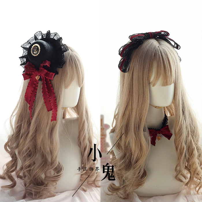 

Gothic Lolita hairpin lace black top hat bow headdress dark red black brooch hairpin lolitaKC 12 Color